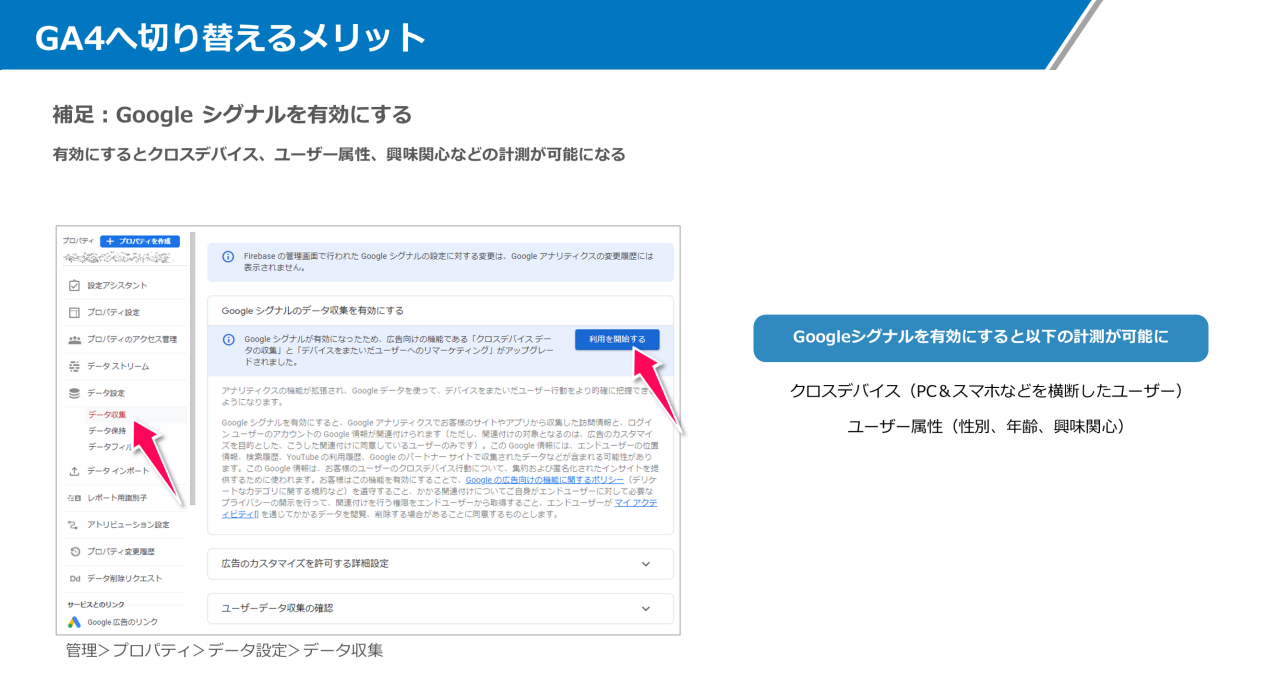 GA4へ切り替えるメリット: Googleシグナルを有効にするとクロスデバイス、ユーザ属性、興味関心などの計測が可能になる
